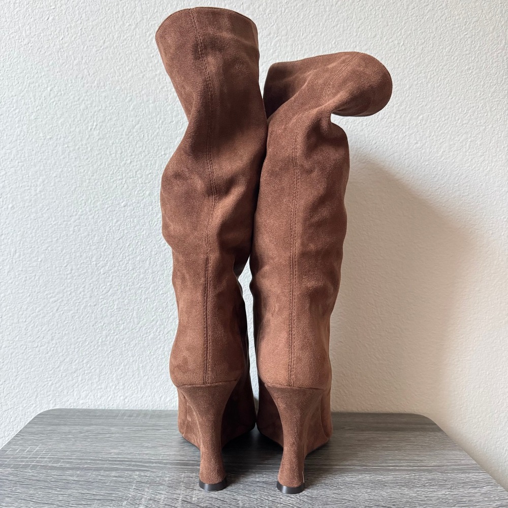 Jeffrey Campbell Kati Knee High Open Toe Wedge Boots Womens 7.5 Brown Suede - Picture 3 of 6